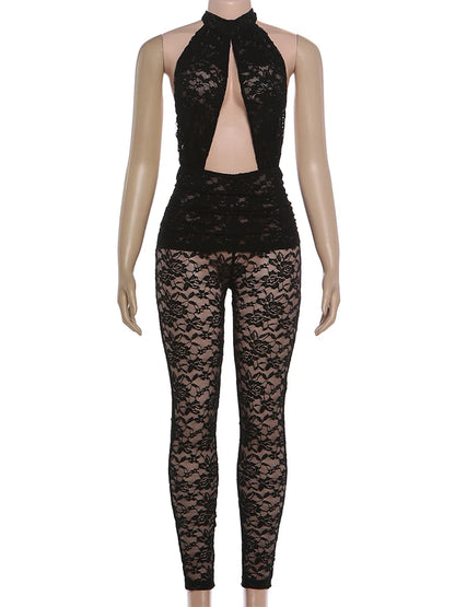 Weird Puss Sexy Jacquard Jumpsuit Women Backless Hollow Halter Trend Sleeveless Stretch Midnight Clubwear Patchwork Overalls