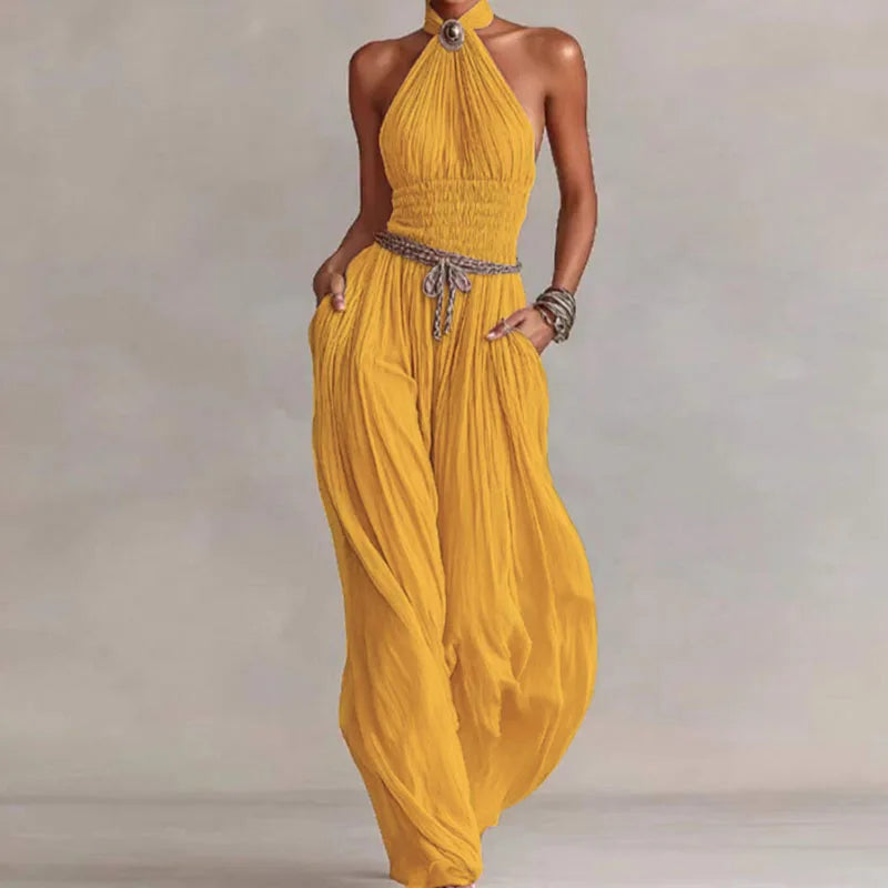 Bohemian Halter Hollow Vacation Jumpsuit Spring Solid Backless Pleated Women's Rompers Summer Sleeveless Wide Leg Pants Overalls
