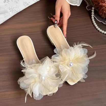 High End Luxury Flower Slippers Women Fairy Flower Shoes Open Toe Slides Femme Outside&Home Pantuflas Sandals Ladies Flip Flops