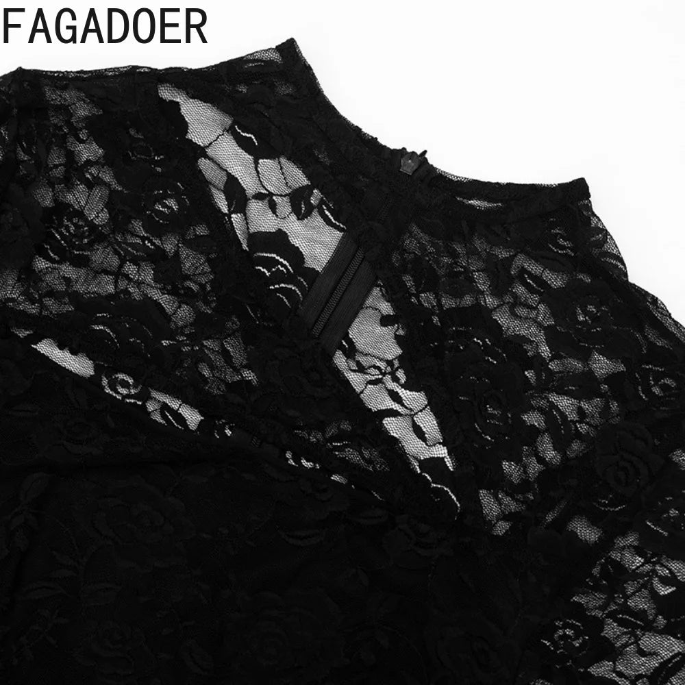 FAGADOER Sexy Black Floral Lace Rompers for Women Fashion Hollow Out Long Sleeves Bodycon Jumpsuits Night Club Mesh Playsuits