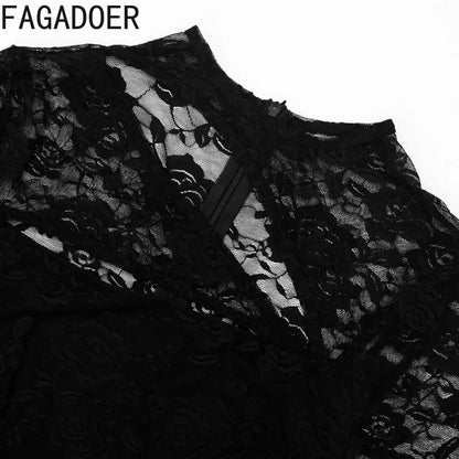 FAGADOER Sexy Black Floral Lace Rompers for Women Fashion Hollow Out Long Sleeves Bodycon Jumpsuits Night Club Mesh Playsuits