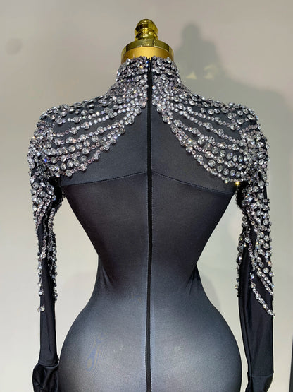 Stock Women Sexy Nightclub Evening Party Drag Queen Singer Dancer Stage Performance Costume Luxury Rhinestone Stretch Jumpsuit