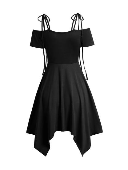 Dressfo 2025 Women's Black Dresses Cold Shoulder Lace Up Asymmetric Dress Tie Knot Shoulder Chain Solid Color Short Sleeve Dress