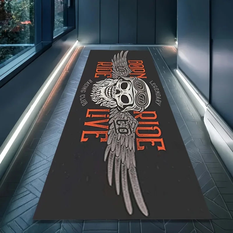 VIKAMA Black Skull Motorcycle Stripe Cool Minimalist Long Rug, Easy-to-Manage Foldable Indoor/Outdoor Printed Floor Mat