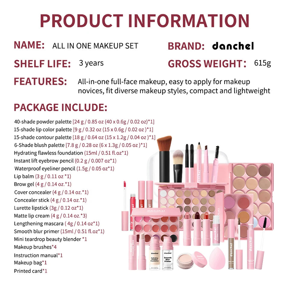 All-In-One Complete Makeup Kit Full Cosmetic Set for Women Includes Eyebrow Eyeliner Eyeshadow Blendable Portable Travel Daily Party Makeup for Beginners Ladies