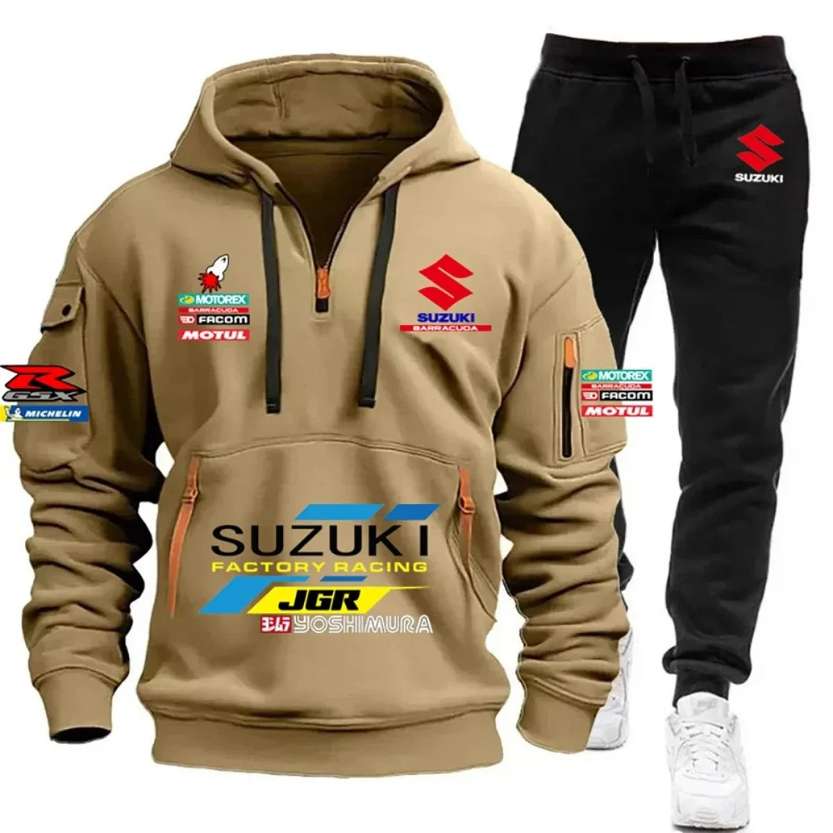 2026 Suzuki Men's Hoodie, Half-Closed Front Multi-Pocket Sport Shirt + Athletic Pants Two-Piece Set for Cycling, Running and Mot