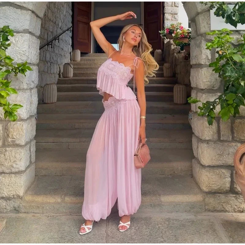 Floral Lace Embroidered Sheer Sling 2 Pcs Set Spaghetti Strap Crop Top High Waist Lantern Pants 2026 Summer Beach Women Outfits