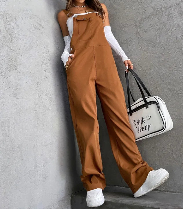 New Casual Women's Jumpsuit Spring Summer Solid Color Simple Loose Retro Style Sleeveless High Waist Backless Wide Leg Overalls