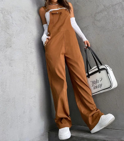 New Casual Women's Jumpsuit Spring Summer Solid Color Simple Loose Retro Style Sleeveless High Waist Backless Wide Leg Overalls