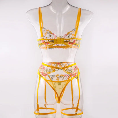 Krasapt Sexy Lace Embroidery 3-Piece Sets Transparent Sensual Fancy Beautiful Bra Brief Set Attractive Intimate Bilizna Outfits