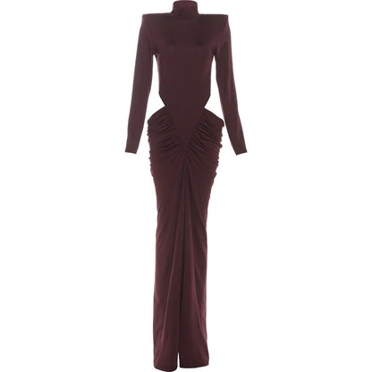 Nibber Hipster Waistless Ruched Elegant Dress Woman Autumn Style Turtleneck Full Sleeve Hollow Design Prom Party Long Bodycon