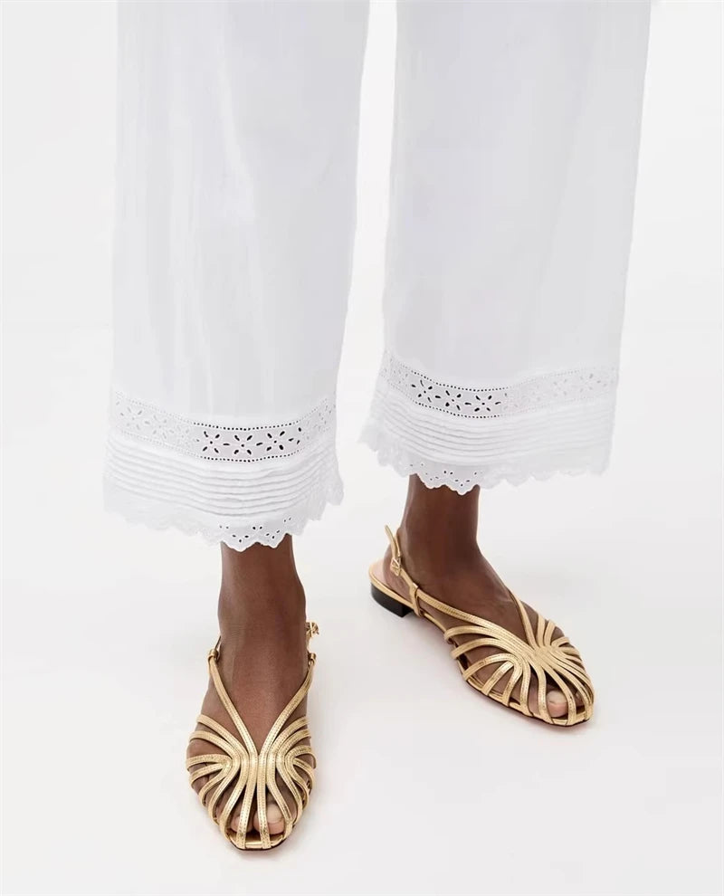 Women Plus Size Flat Gladiator Sandals Summer Sexy Luxury Gold Narrow Band Hollow Out Designer Brand Party Dress Shoes Sandalias