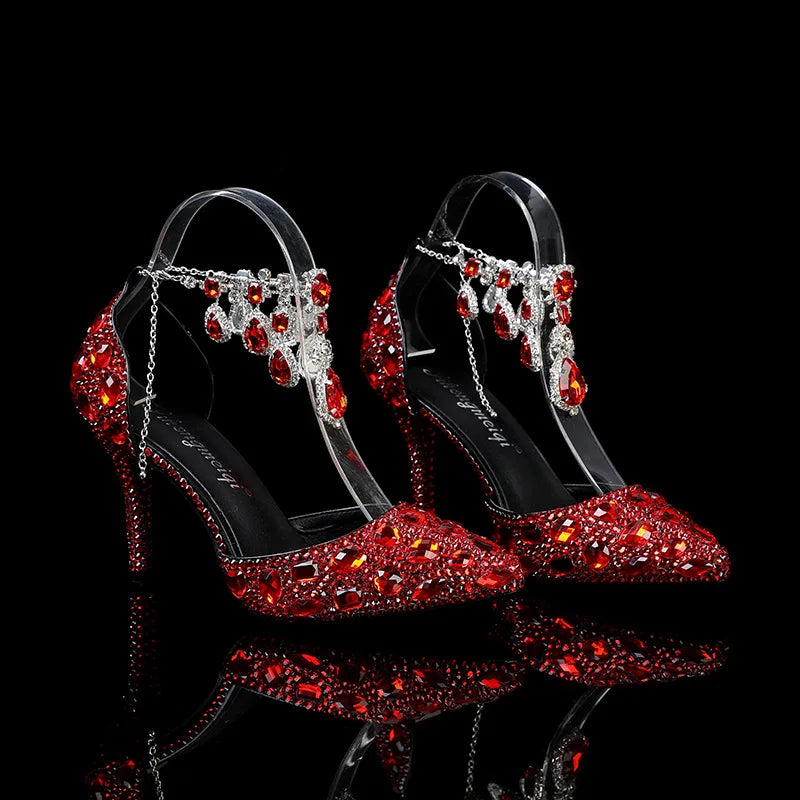 2024 Autumn Slim Heels Shallow Mouth Luxury Blue Water Diamond Pearl Women Single Shoes 9CM Wedding Party Shoes Sandalias Mujer