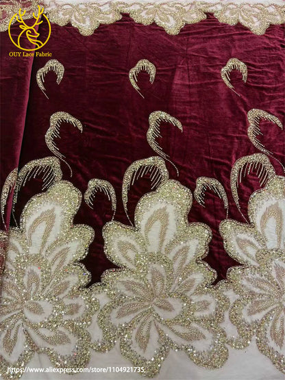 Luxury African Velvet Gold Beaded Sequins Lace Fabric 5 Yards Wine Red Groom Embroidery French Tulle Lace For Women Party Dress