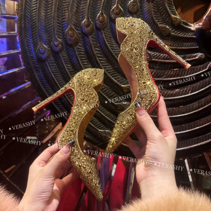 High Heels Women 2025 Spring New gold Sexy Pointy French Thin With Single Shoes Women Crystal Wedding Shoes Women Red Sole Shoe