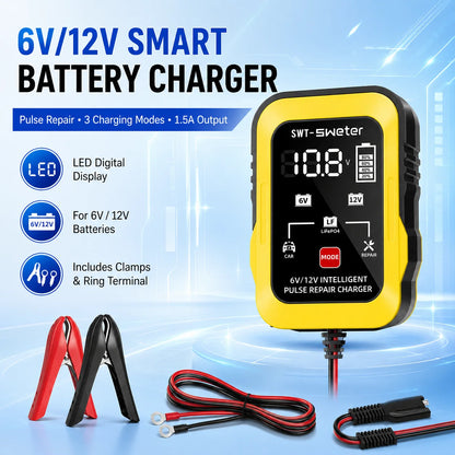 ZNLYRION 2Pcs /pair 6V 12V Smart Car Battery Charger 1.5A Pulse Repair Charger for Lead Acid LiFePO4 Battery Digital Display Auto Motorcycle Battery Maintainer with Alligator Clips Ring Terminal Cables
