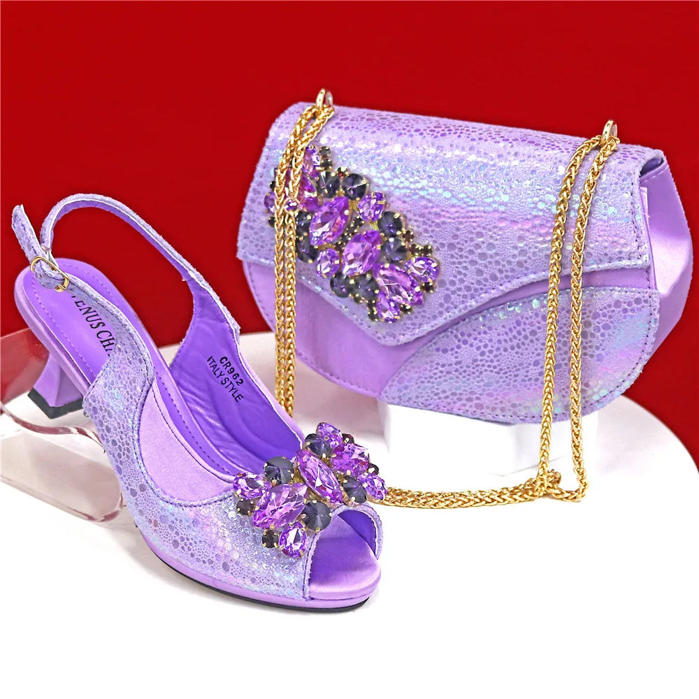 Elegant Orange Color 2025 Rhinestone High-Heels Shoes & Handbag Set – Luxury Wedding & Party Accessories