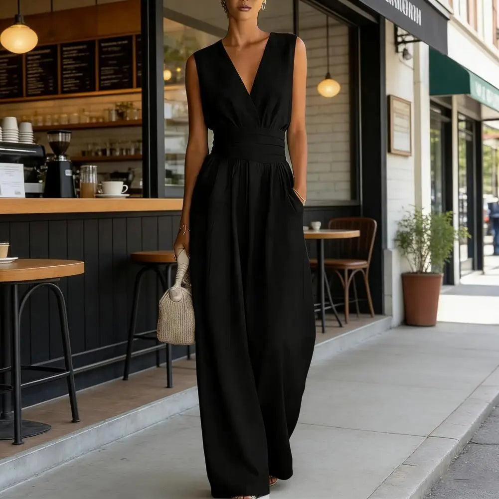 Women's Sleeveless Jumpsuits V Neck Straight Long Pants Rompers With Pockets Summer Casual One Piece Overalls 2026