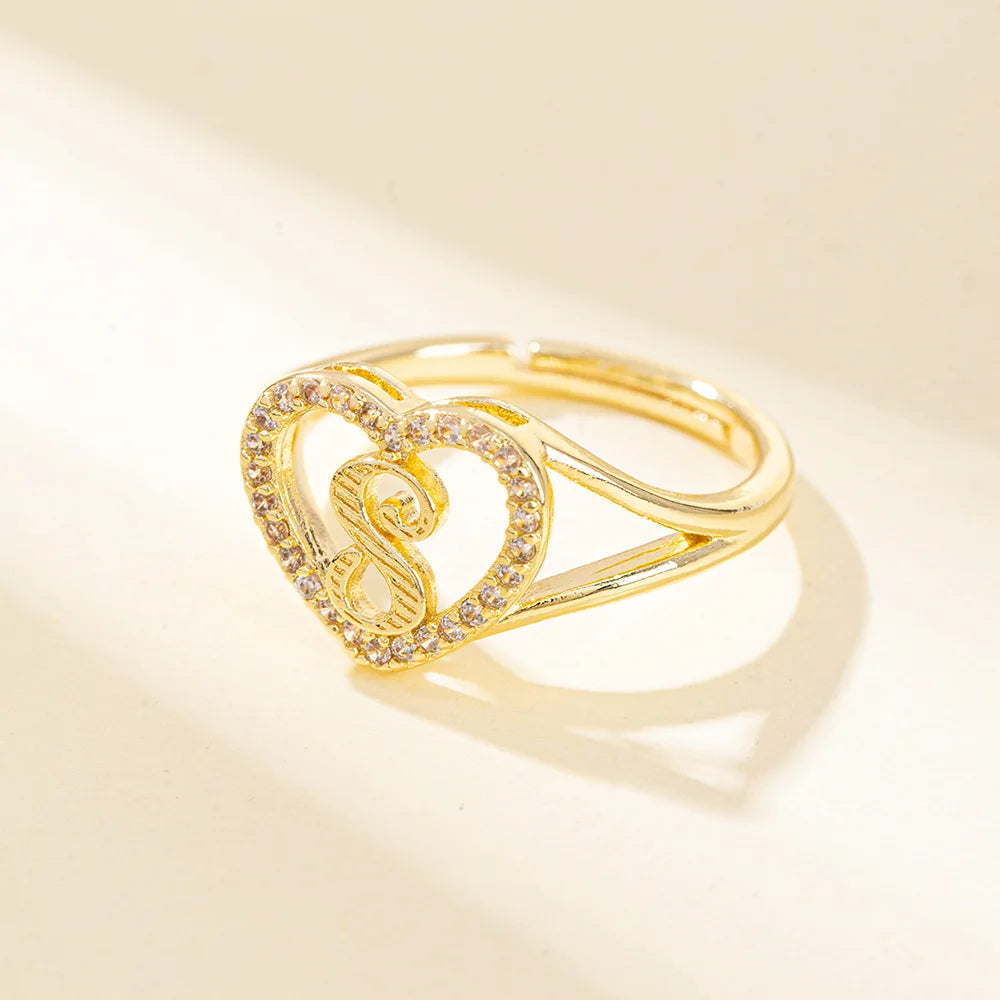 White Zircon 26 Letters A-Z Love Heart Open Adjustable Rings For Women Gold Silver Color Wedding Band Jewelry Mother's Day Gifts