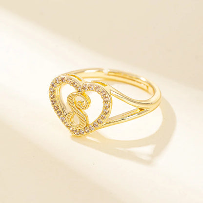 White Zircon 26 Letters A-Z Love Heart Open Adjustable Rings For Women Gold Silver Color Wedding Band Jewelry Mother's Day Gifts