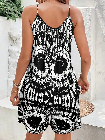 Summer new all-over printed women's suspender jumpsuit-summer outfits for women,New Geometric Pattern Summer Sleeveless Jumpsuit