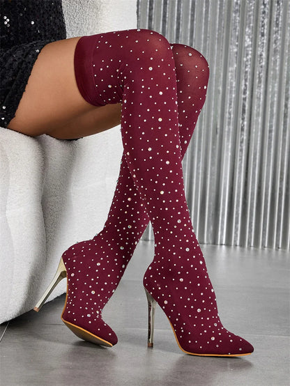 Liyke Sexy Pointed Toe Crystal Rhinestone Stretch Fabric Thigh High Boots Women Thin Heels Over The Knee Socks Shoes Size 35-43