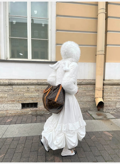 Lautaro Autumn Winter Thick Warm Sweet Cute White Short Faux Fur Coat Hoodie Women with Fairy Angel Zipper Fitted Fluffy Jacket