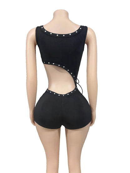 Y2k Sexy Rompers Women Outfit Hollow Out Laced Up Sleeveless Tight Bodycon Romper Ribbed One Piece Shorts Jumpsuit Playsuit