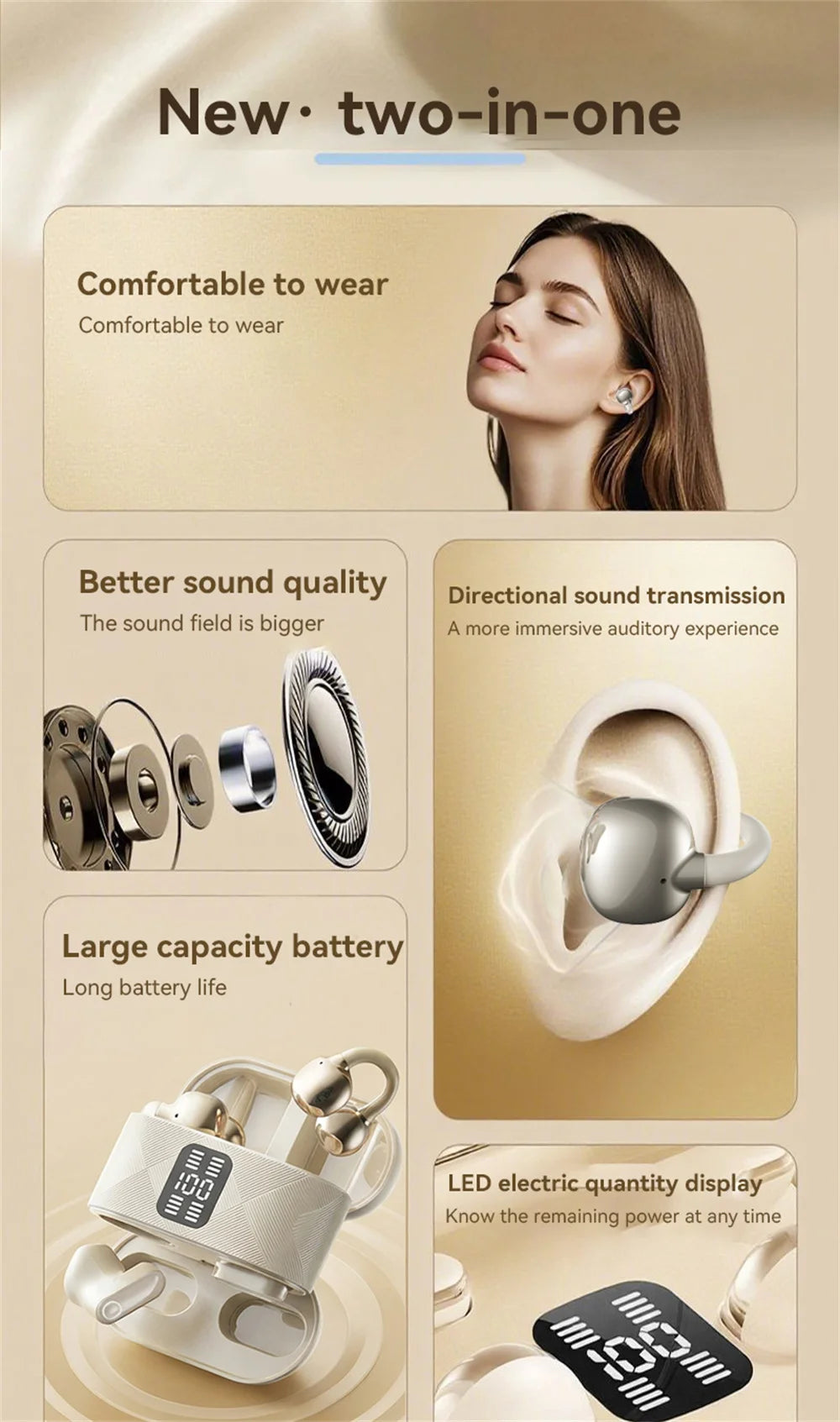 Couples Double Open Ear Clip Bluetooth Headset HiFi Subwoofer Long Battery Life Digital Fashion Plating Wireless In-Ear Earplugs