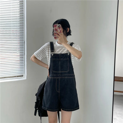 Women's Denim Overalls Short Trousers Wide Leg Loose Fit Thin Jumpsuit Korean Style for Petite Ladies Casual Clothing