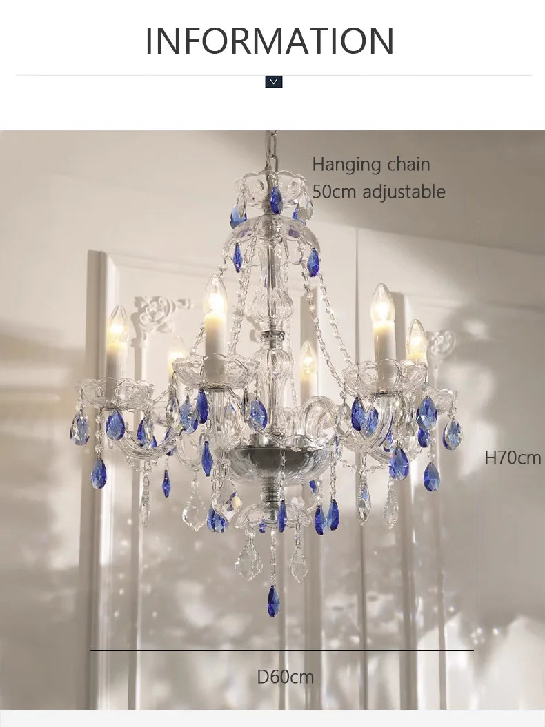 French Blue Romantic Crysatl Chandeliers Light Luxury Glass Living Room Art Decor Candle Pendant Lights Lighting Bedroom Lamps