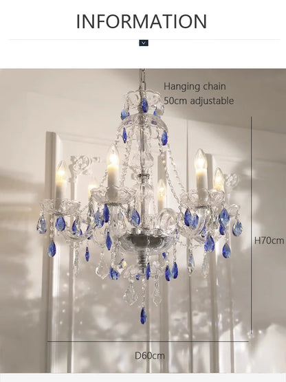 French Blue Romantic Crysatl Chandeliers Light Luxury Glass Living Room Art Decor Candle Pendant Lights Lighting Bedroom Lamps