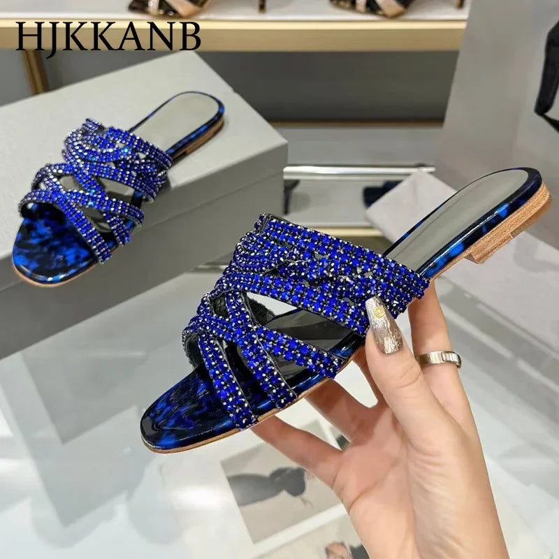 Summer New Luxury Rhinestone Decor Flat Slippers Women's Open Toe Hollow Out Casual Sandals Outdoor Vacation Beach Shoes 2024