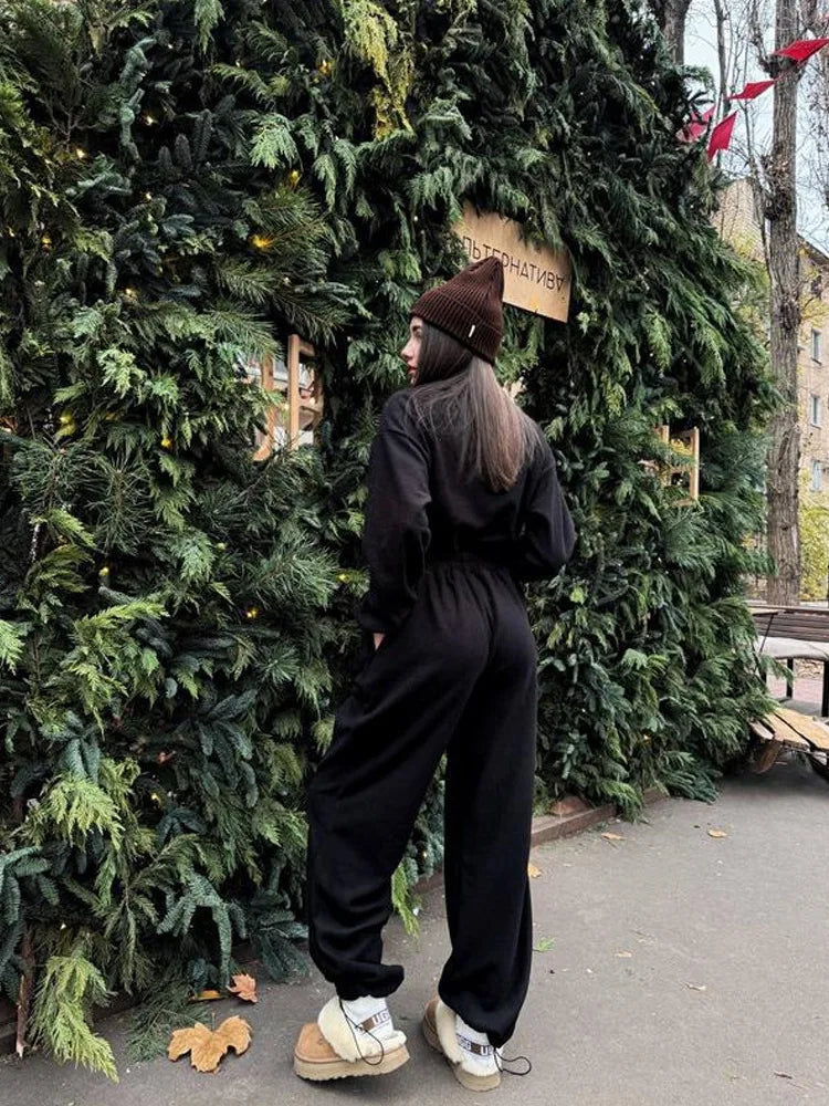 FSMG Casual Long Sleeve Half-Zip Sports Jumpsuits Women's Solid Loose Lapel Elastic Waist Tracksuits Comfy One-Piece Lounge Set
