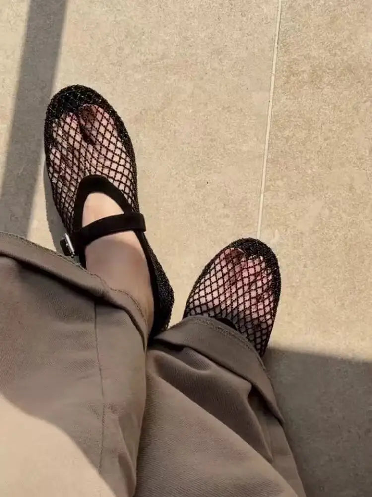 2026 New Model~ Fishnet Rhinestone Ballet Flat Mary Jane Women's Shoes with Hollowed-Out Strap