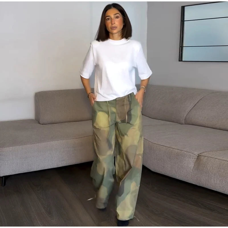 Women Camouflage Cargo Long Pants High Waist Wide Leg Drawstring Hem Baggy Trousers 2026 Autumn Casual Chic Vintage Streetwear