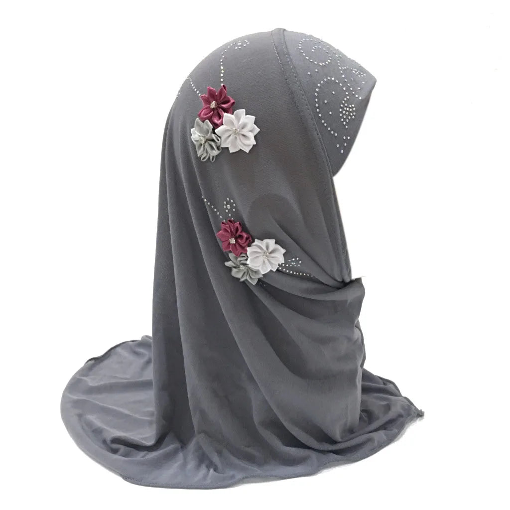 BOHOWAII Kids Girls Muslim Instant Hijab Ready To Wear Islamic Shawls Turban with Flowers Scarfs Jersey Head Wrap (2-7 Y)