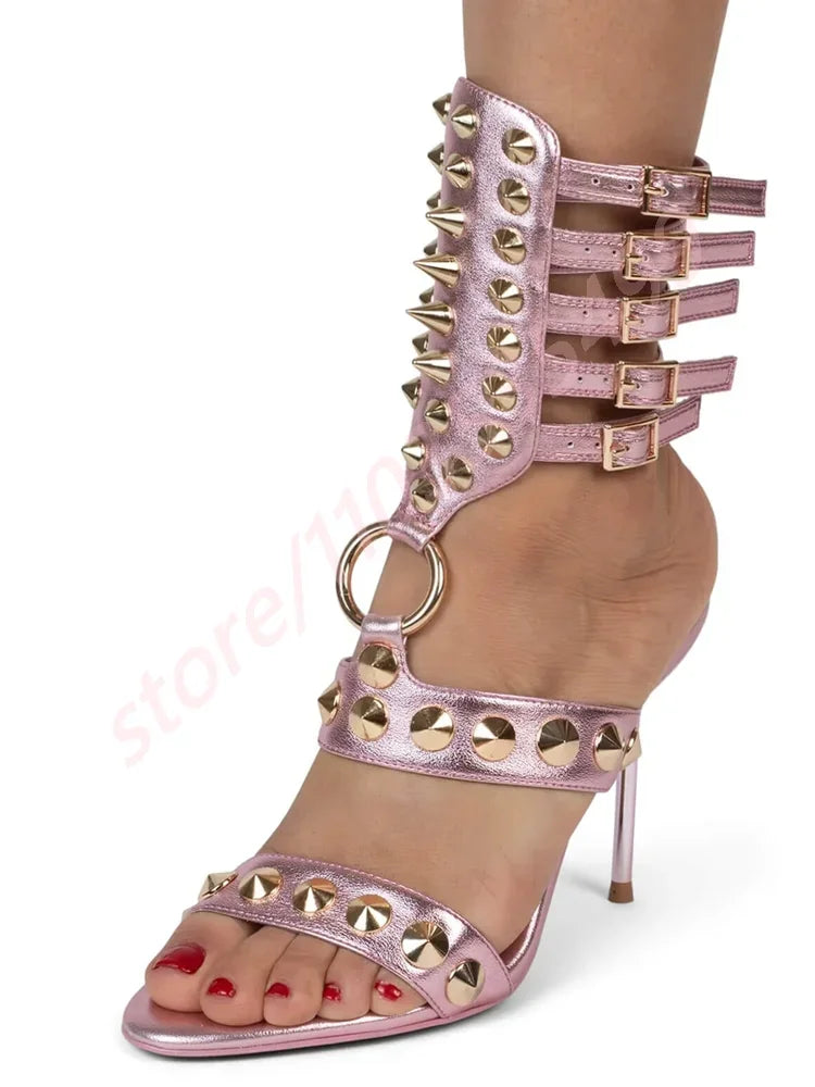 Metal Rivet Open Toe Roman Sandals 2025 Summer New Sexy Catwalk Stiletto Ladies Sandal Ins Style Street Fashion Party Stage Pump