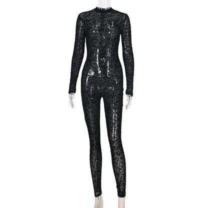 Women's jumpsuit sexy midnight club animal instinct mesh tight stockings leopard print transparent velvet long sleeved jumpsuit