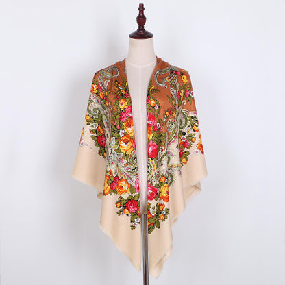 Russian Women Big Size Square Scarf Luxury Floral Print Bandana Wraps Female Retro Short Tassel National Shawl