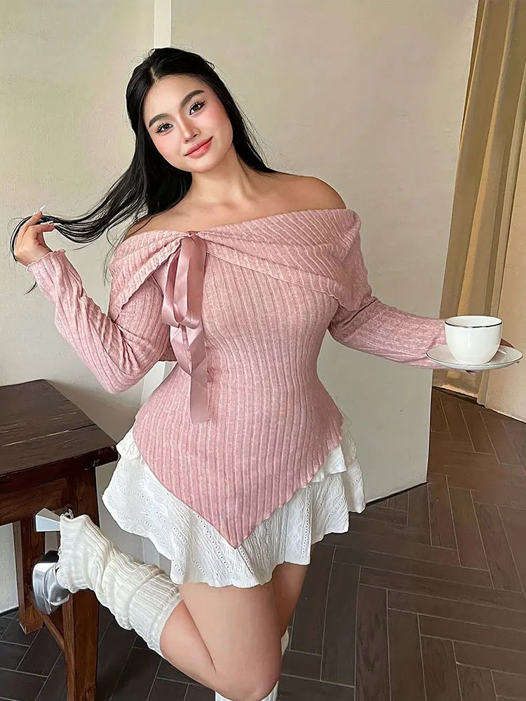 New Sexy Off-The-Shoulder Front Tie-Up Sweater Plus Size One-Shoulder Slim Fit Top Fashion AllMatch Autumn Women's Clothing Sale