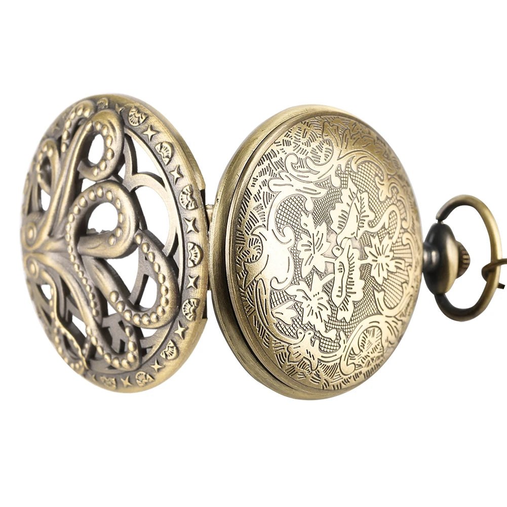 Retro Octopus Pattern Quartz Pocket Watch Arabic Numerals Dial Necklace Pendant Clock Vintage Fashion Timepiece Gift Unisex