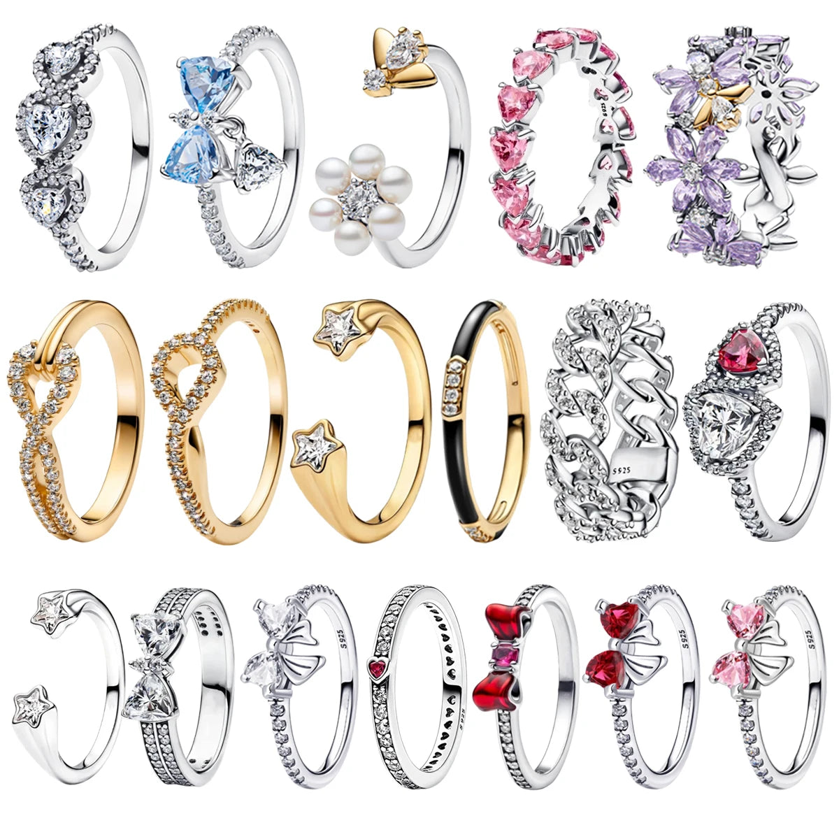 Luxury Original 925 Sterling Silver Heart-shaped Bow Flower Ring fit Women's High-end Jewelry Parties Valentine's Day Gifts