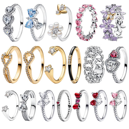 Luxury Original 925 Sterling Silver Heart-shaped Bow Flower Ring fit Women's High-end Jewelry Parties Valentine's Day Gifts