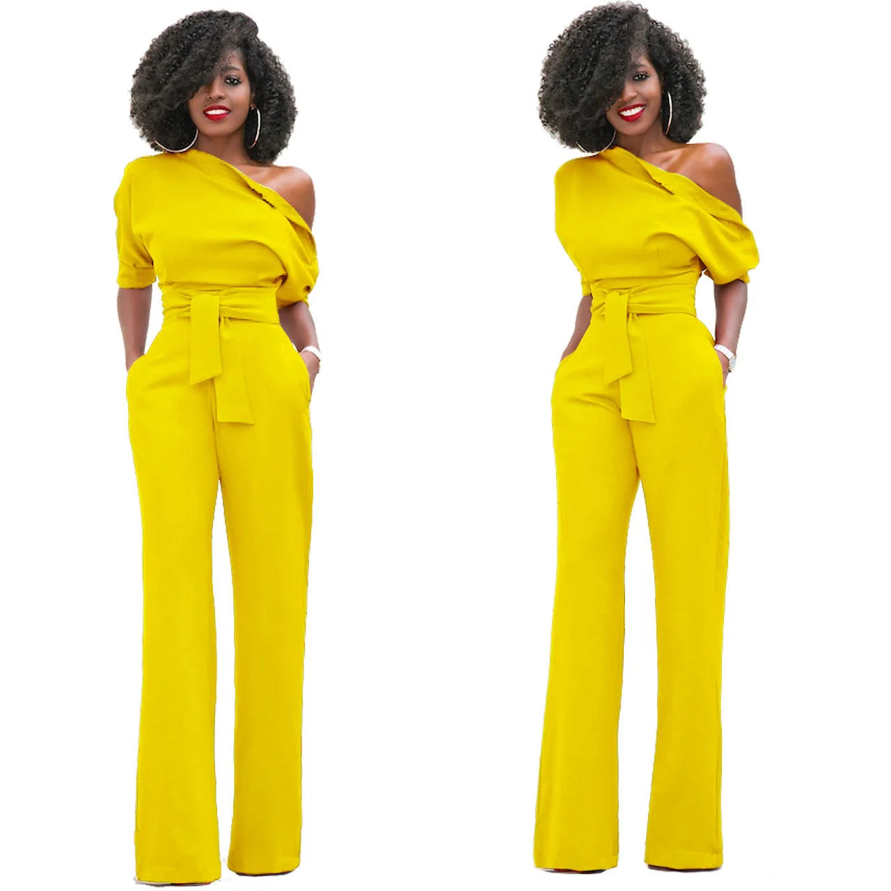 2024 Summer New Fashion Women's Jumpsuit Solid Color Slanted Shoulder Elegant Temperament Sleeveless Long Wide Leg Jumpsuit
