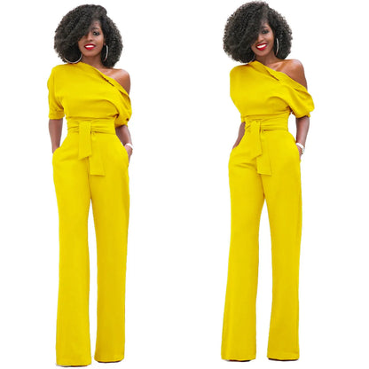 2024 Summer New Fashion Women's Jumpsuit Solid Color Slanted Shoulder Elegant Temperament Sleeveless Long Wide Leg Jumpsuit