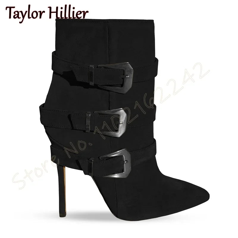 Rose Red Suede Belt Buckle Short Boots Pointed Toe Stiletto Side Zipper Modern Boots Fashion Party Catwalk Luxury Short Boots 46