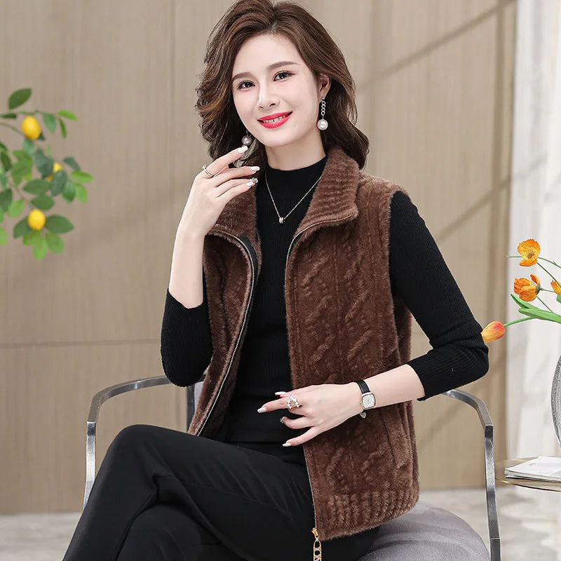 2025 Autumn Winter Zipper Middle Aged Mother Women's Mink Fur Vest Coat Fashion Sleeveless Doll Collar Lady Waistcoat Jacket