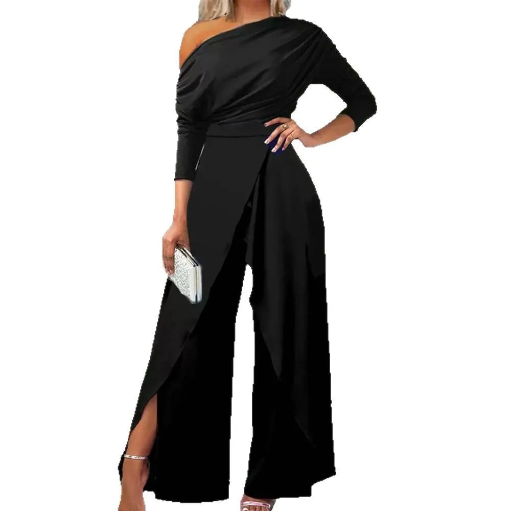 Casual Off Shoulder Jumpsuits Women Spring Autumn Irregular Ruched Wide Leg One Pieces Sets Office Ladies Elegant Party Romper