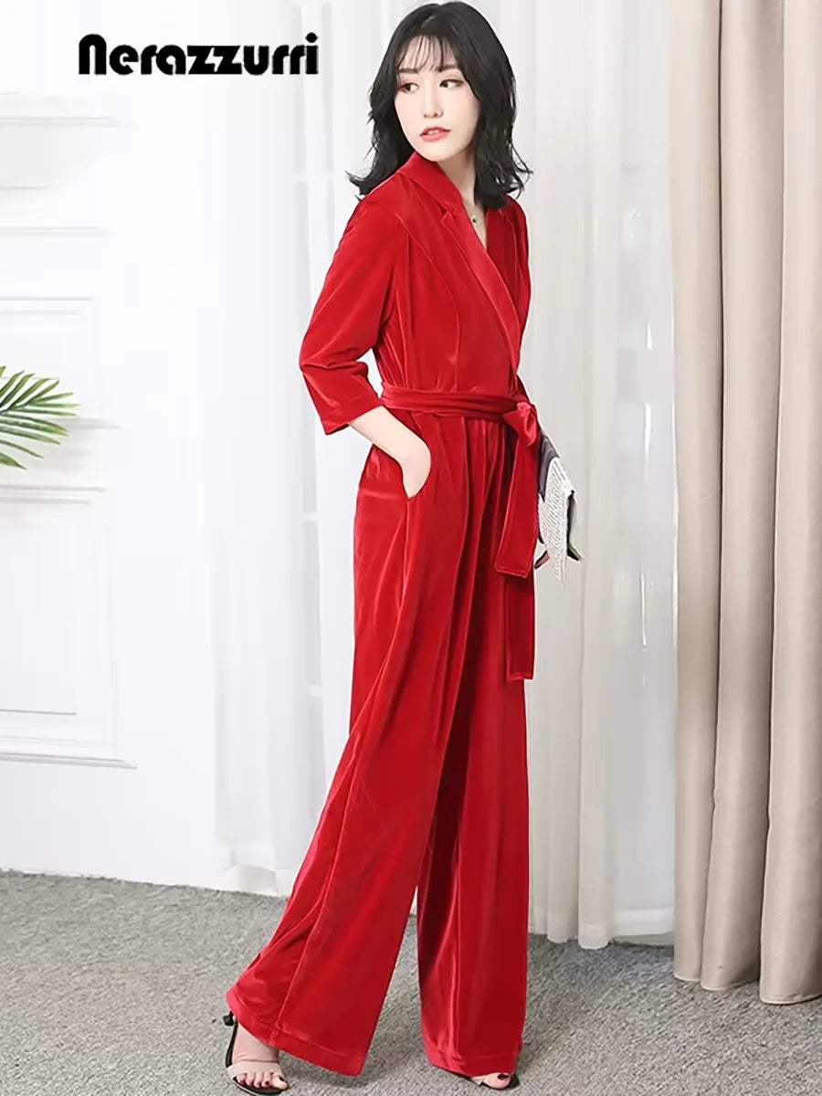 Nerazzurri Spring Autumn Long Soft Flowy Red Velvet Jumpsuit Women with Sleeves Sashes Maxi Black Wide Leg Floor Length Clothes